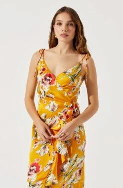 Satin Front Tie Wrap Floral Midi Dress -Astr The Label Shop ADR101683 YELLOWFLORAL 3