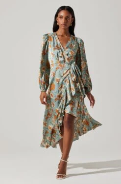 Floral Satin Wrap Long Sleeve Midi Dress -Astr The Label Shop ADR101864 DUSTYBLUEMULTIFRL 3