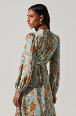 Floral Satin Wrap Long Sleeve Midi Dress -Astr The Label Shop ADR101864 DUSTYBLUEMULTIFRL 5