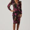 Floral Plunge Ruched Long Sleeve Midi Dress 2 Floral Plunge Ruched Long Sleeve Midi Dress -Astr The Label Shop ADR101911 MAGENTAMULTIFRL 1