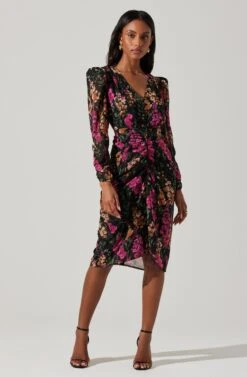 Floral Plunge Ruched Long Sleeve Midi Dress 10 Floral Plunge Ruched Long Sleeve Midi Dress -Astr The Label Shop ADR101911 MAGENTAMULTIFRL 3