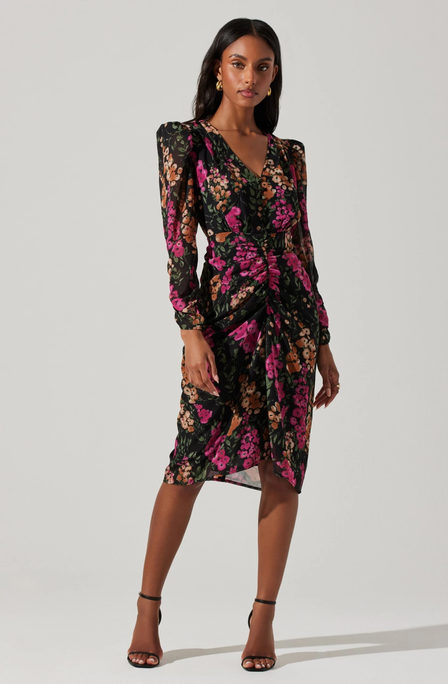 Floral Plunge Ruched Long Sleeve Midi Dress 5 Floral Plunge Ruched Long Sleeve Midi Dress - Image 3