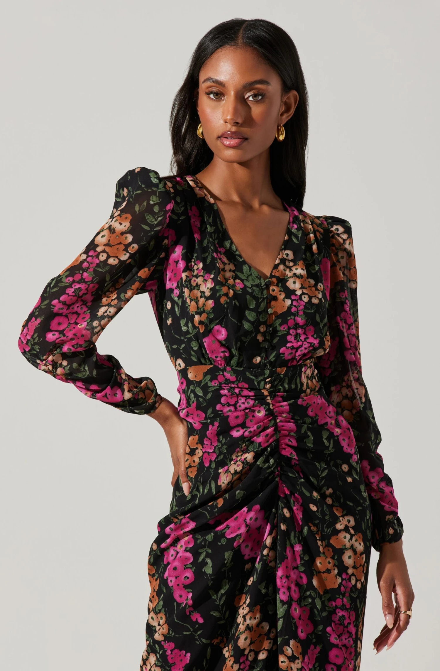 Floral Plunge Ruched Long Sleeve Midi Dress 4 Floral Plunge Ruched Long Sleeve Midi Dress - Image 2