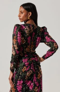 Floral Plunge Ruched Long Sleeve Midi Dress 12 Floral Plunge Ruched Long Sleeve Midi Dress -Astr The Label Shop ADR101911 MAGENTAMULTIFRL 5