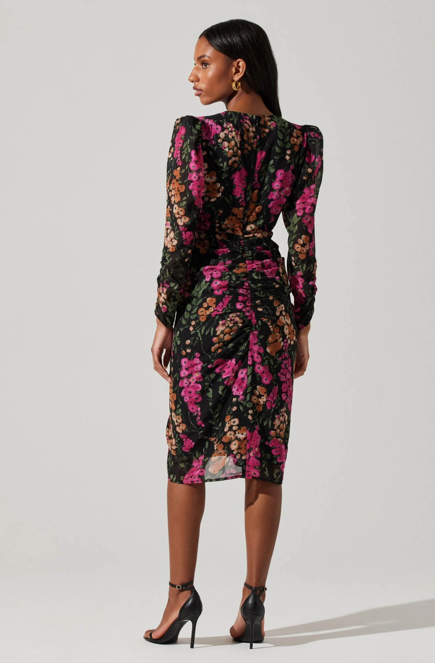 Floral Plunge Ruched Long Sleeve Midi Dress 8 Floral Plunge Ruched Long Sleeve Midi Dress - Image 6