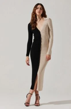 Two Toned Long Sleeve Midi Sweater Dress -Astr The Label Shop ALD45112 FCI BLACKCONTRAST 2