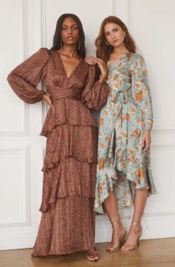 Floral Satin Wrap Long Sleeve Midi Dress -Astr The Label Shop ASTR FALL23 ASSETS 1268