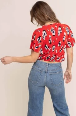 Short Sleeve Crinkle Wrap Top -Astr The Label Shop AT13629 RED FLORAL 5A
