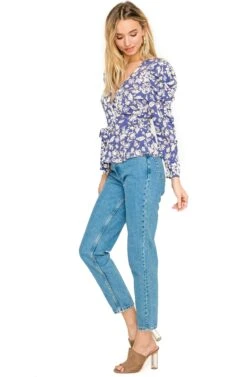 Ruffle Long Sleeve Wrap Front Tie Top -Astr The Label Shop AT15418 BLUE IVORY FLORAL 2A