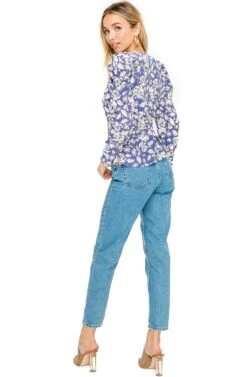 Ruffle Long Sleeve Wrap Front Tie Top -Astr The Label Shop AT15418 BLUE IVORY FLORAL 3A