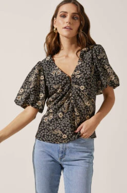 Deep V Balloon Sleeve Top -Astr The Label Shop AT16293 BLACK TAUPEMULTIFLORAL 2