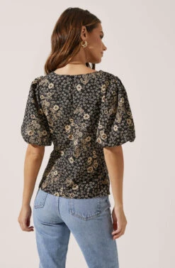 Deep V Balloon Sleeve Top -Astr The Label Shop AT16293 BLACK TAUPEMULTIFLORAL 4