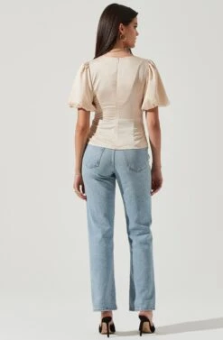 Deep V Balloon Sleeve Top -Astr The Label Shop AT16293 CHAMPAGNE 3