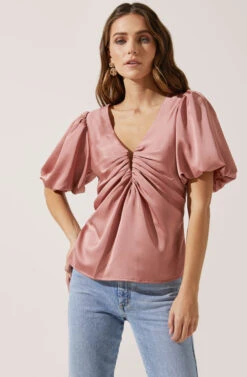 Deep V Balloon Sleeve Top -Astr The Label Shop AT16293 DARKBLUSH 2