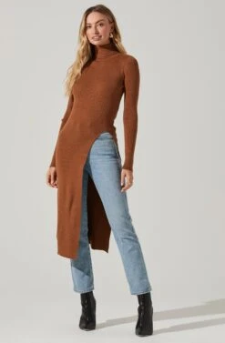 Hi Slit Turtleneck Sweater -Astr The Label Shop AT16295 CAMEL 2