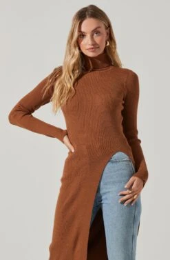 Hi Slit Turtleneck Sweater -Astr The Label Shop AT16295 CAMEL 3
