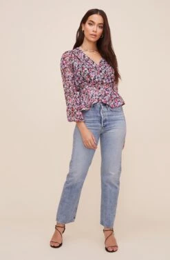 Wrap Front Long Sleeve Top -Astr The Label Shop AT16512 BLACK LILACFLORAL 4