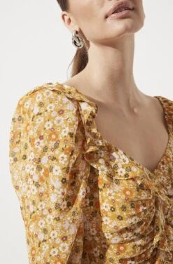 Ruched Sleeve Sweetheart Top -Astr The Label Shop AT16558 MUSTARD ORANGE DITSY 1022