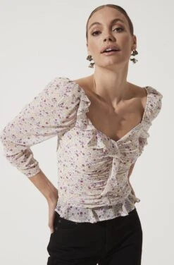 Ruched Sleeve Sweetheart Top -Astr The Label Shop AT16558 PURPLE MUSTARD DITSY 1025