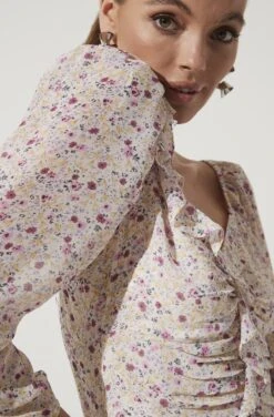 Ruched Sleeve Sweetheart Top -Astr The Label Shop AT16558 PURPLE MUSTARD DITSY 1026