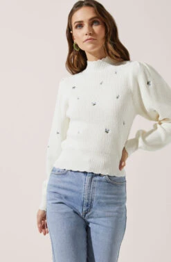 Embroidered Puff Sleeve Sweater
