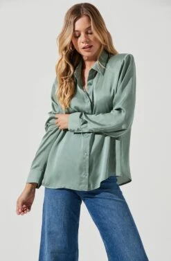 Long Sleeve Button Front Shirt -Astr The Label Shop AT16661 SAGE 2