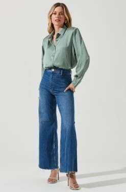 Long Sleeve Button Front Shirt -Astr The Label Shop AT16661 SAGE 3