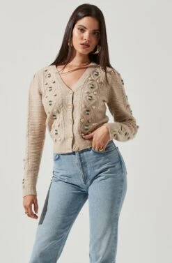 Floral Embroidered Cable Knit Cardigan