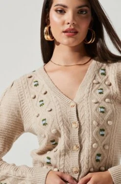 Floral Embroidered Cable Knit Cardigan -Astr The Label Shop AT16756 OATMEALMULTI 3
