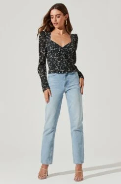 Long Sleeve Floral Cinched Bust Top 18 Long Sleeve Floral Cinched Bust Top -Astr The Label Shop AT16915B BLACKIVORYFLORAL 1802