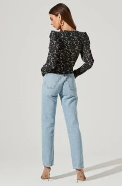 Long Sleeve Floral Cinched Bust Top 16 Long Sleeve Floral Cinched Bust Top -Astr The Label Shop AT16915B BLACKIVORYFLORAL 1819