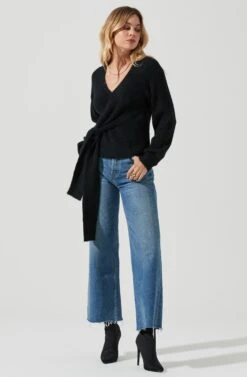 Fuzzy Tie Front Sweater 20 Fuzzy Tie Front Sweater -Astr The Label Shop AT16937 BLACK 1