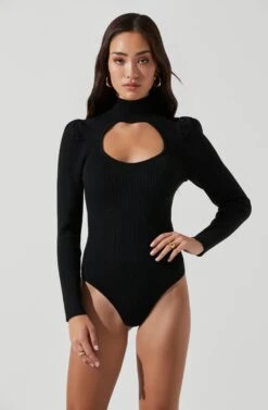 Front Cutout Long Sleeve Sweater Bodysuit -Astr The Label Shop AT16941 BLACK 1228