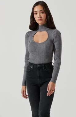 Front Cutout Long Sleeve Sweater Bodysuit -Astr The Label Shop AT16941 HEATHERGREY 1191