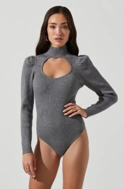 Front Cutout Long Sleeve Sweater Bodysuit -Astr The Label Shop AT16941 HEATHERGREY 1204