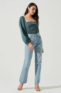 Ruched Long Sleeve Square Neck Bodysuit -Astr The Label Shop AT16959 SAGE 1