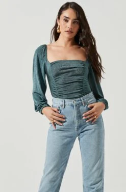 Ruched Long Sleeve Square Neck Bodysuit -Astr The Label Shop AT16959 SAGE 2
