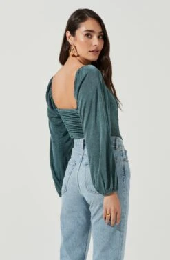 Ruched Long Sleeve Square Neck Bodysuit -Astr The Label Shop AT16959 SAGE 4