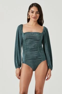 Ruched Long Sleeve Square Neck Bodysuit -Astr The Label Shop AT16959 SAGE 6