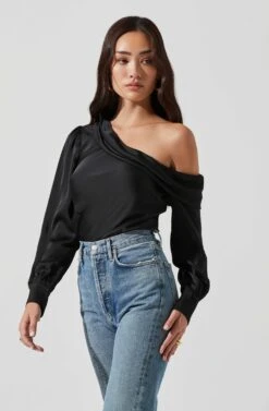 Ellen Draped Off Shoulder Long Sleeve Top 34 Ellen Draped Off Shoulder Long Sleeve Top -Astr The Label Shop AT17044 BLACK 1256 2