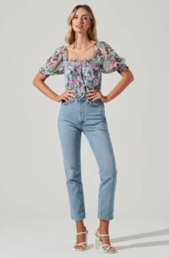 Floral Smocked Half Sleeve Top -Astr The Label Shop AT17084 PINKGREENFLORAL 00331