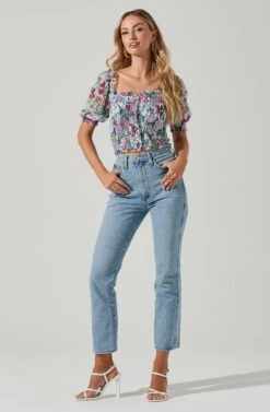 Floral Smocked Half Sleeve Top -Astr The Label Shop AT17084 PINKGREENFLORAL 00371