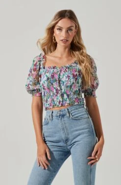 Floral Smocked Half Sleeve Top -Astr The Label Shop AT17084 PINKGREENFLORAL 00421