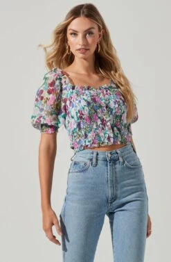 Floral Smocked Half Sleeve Top -Astr The Label Shop AT17084 PINKGREENFLORAL 00441