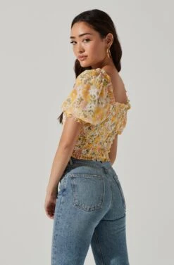 Floral Smocked Half Sleeve Top -Astr The Label Shop AT17084 YELLOWPINKFLORAL 0533