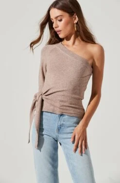One Sleeve Side Wrap Sweater -Astr The Label Shop AT17093 TAN 1789
