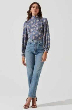 Mock Neck Tie Long Sleeve Top 17 Mock Neck Tie Long Sleeve Top -Astr The Label Shop AT17130 BLUEFLORAL 1961