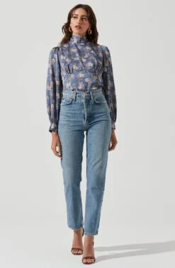Mock Neck Tie Long Sleeve Top 18 Mock Neck Tie Long Sleeve Top -Astr The Label Shop AT17130 BLUEFLORAL 1964