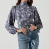 Mock Neck Tie Long Sleeve Top -Astr The Label Shop AT17130 BLUEFLORAL 1968