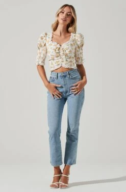 Printed Floral Linen Cinched Top 11 Printed Floral Linen Cinched Top -Astr The Label Shop AT17214 WHITEYELLOWFLORAL 00591